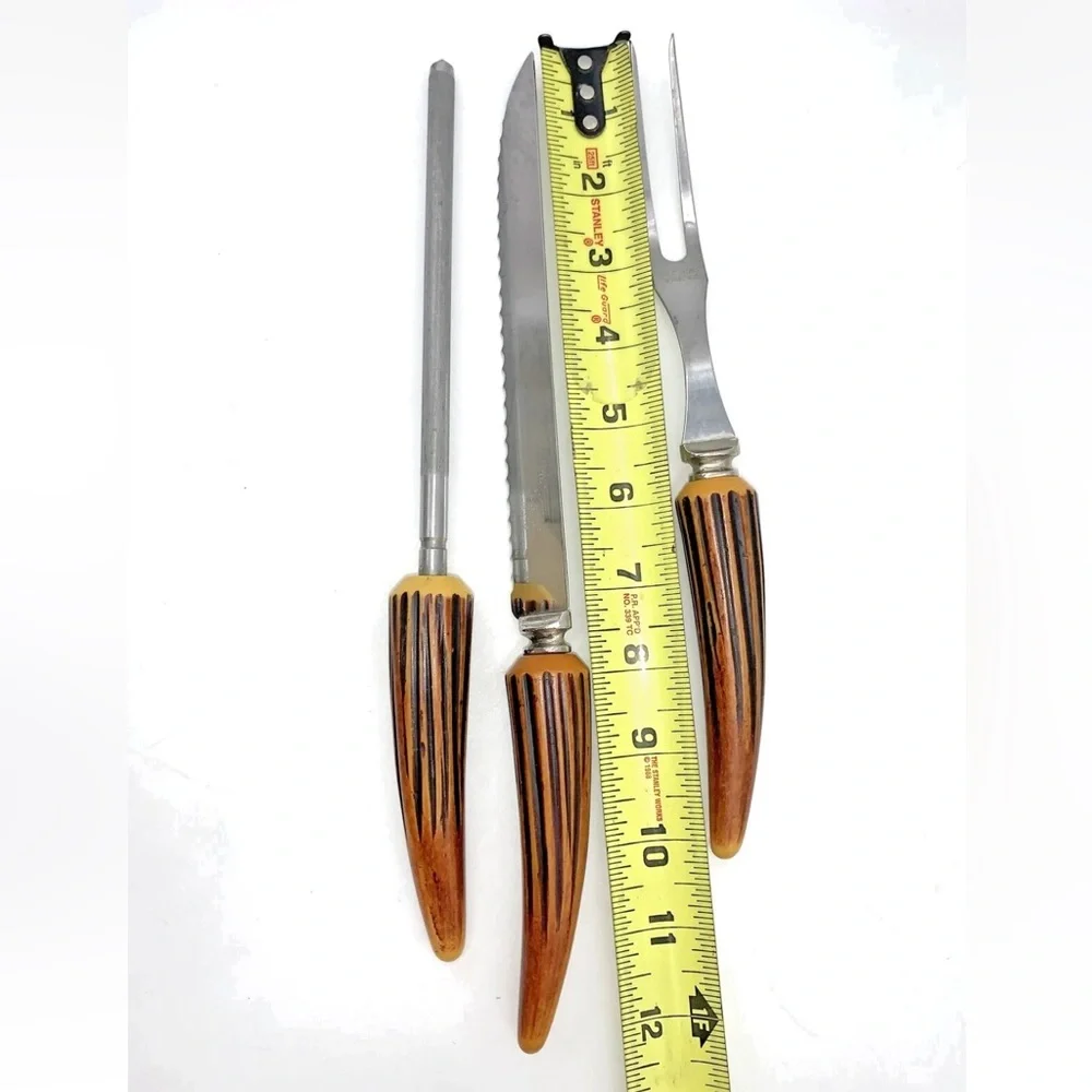 Vintage Carving Set Faux Antler E Parker & Sons Sheffield Stainless Blades 3 Pc